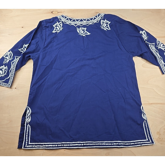 Macelli Embroidered Tunic Shirt Womens L Navy/White Boho Casual India Butterfly - Picture 11 of 11